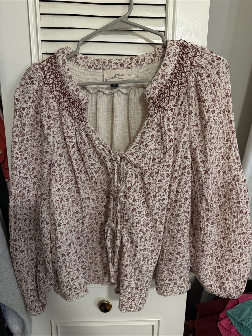 Universal Thread Floral Tie-Front Peasant Blouse in Burgundy and Cream